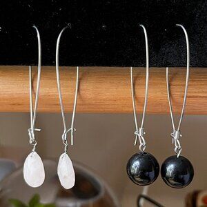 Teardrop silver toned pink gemstone black ball earrings